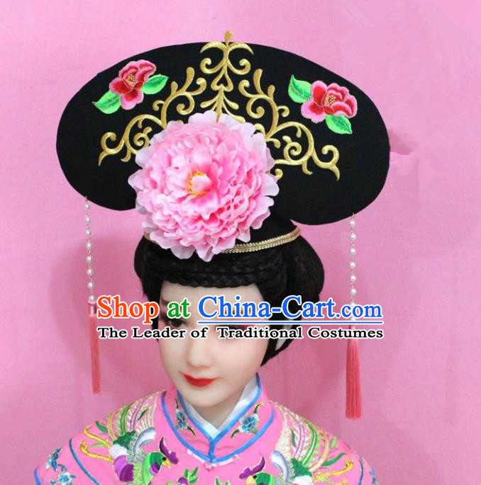 Traditional Handmade Chinese Hair Accessories Qing Dynasty Palace Lady Pink Peony Headwear, Manchu Imperial Concubine Hairpins for Women