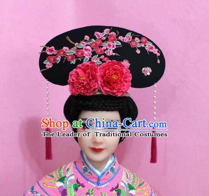 Traditional Handmade Chinese Hair Accessories Qing Dynasty Palace Lady Red Plum Blossom Headwear, Manchu Imperial Concubine Hairpins for Women