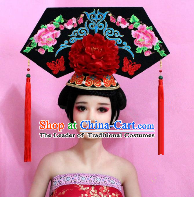 Traditional Handmade Chinese Hair Accessories Qing Dynasty Empress Banners Peony Tassel Headwear, Manchu Imperial Concubine Hairpins for Women