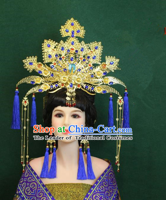 Traditional Handmade Chinese Hair Accessories Empress Blue Tassel Phoenix Coronet Complete Set, Tang Dynasty Princess Hairpins Headwear for Women