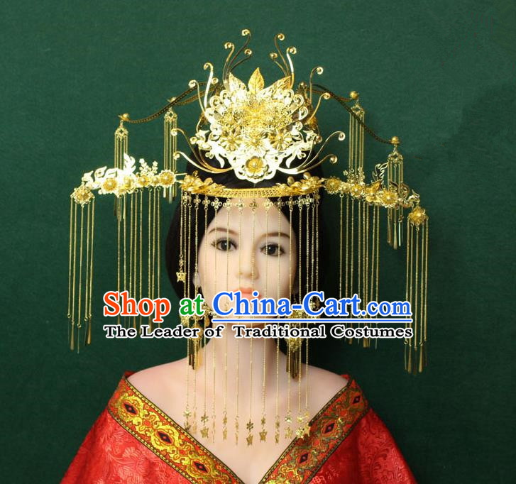 Traditional Handmade Chinese Hair Accessories Tang Dynasty Empress Tassel Phoenix Coronet Hairpins Complete Set, China Step Shake Headwear for Women