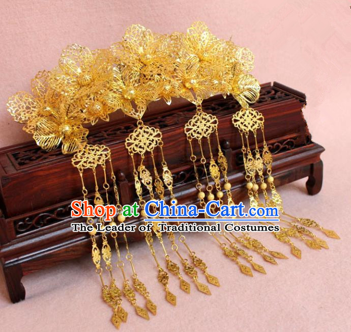 Traditional Handmade Chinese Hair Accessories Princess Golden Phoenix Coronet, Tang Dynasty Palace Lady Tassel Step Shake Hairpins for Women