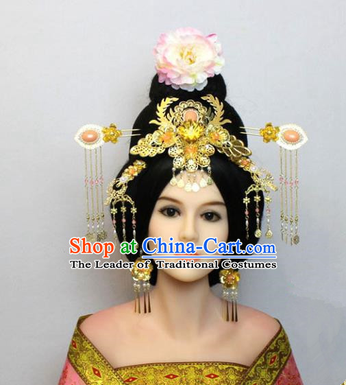 Traditional Handmade Chinese Hair Accessories Tang Dynasty Empress Phoenix Coronet, China Palace Lady Hairpins Tassel Step Shake for Women