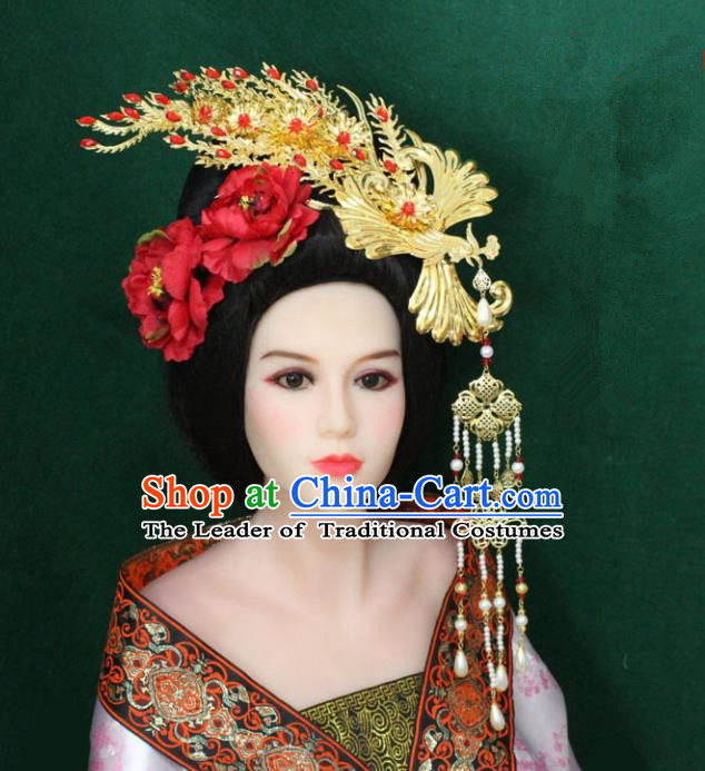 Traditional Handmade Chinese Hair Accessories Tang Dynasty Empress Phoenix Coronet, China Ancient Tassel Peony Hairpins Complete Set for Women