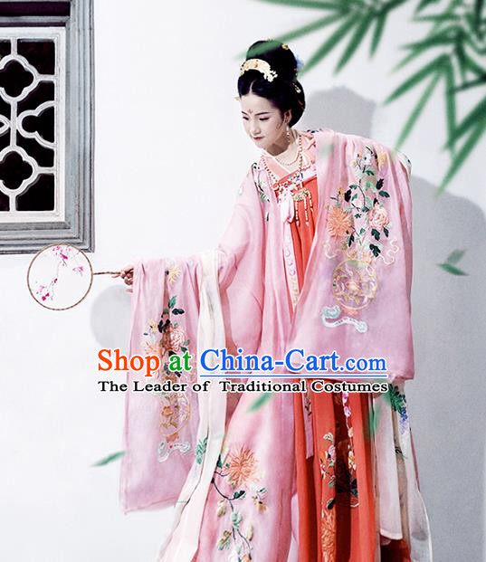 Asian China Ancient Tang Dynasty Palace Lady Costume Pink Cloak, Traditional Chinese Princess Embroidered Wide Sleeve Cardigan for Women