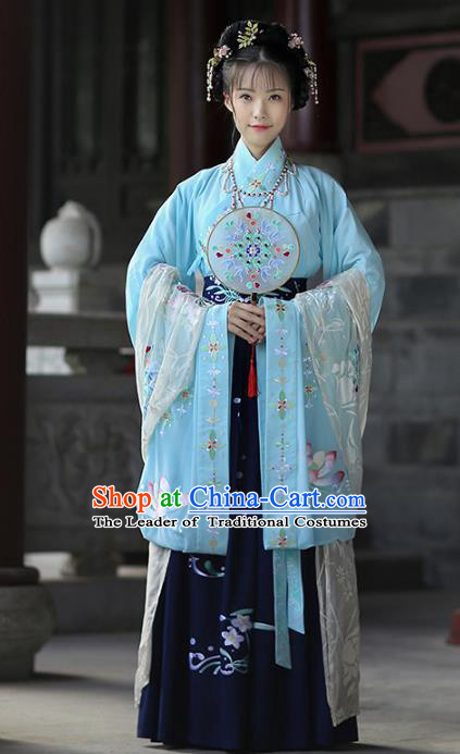 Asian China Ancient Ming Dynasty Palace Lady Costume Blouse and Skirts, Traditional Chinese Princess Printing Embroidered Clothing for Women