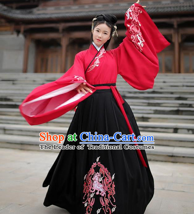 Traditional Chinese Ancient Hanfu Costume Embroidered Blouse and Skirts, Asian China Han Dynasty Palace Lady Clothing for Women