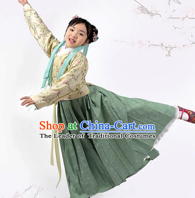 Asian Chinese Ming Dynasty Children Costume Blouse and Skirt, Ancient China Palace Lady Embroidered Clothing for Kids