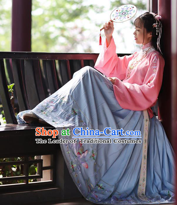 Asian Chinese Ming Dynasty Young Lady Hanfu Costume Embroidered Blue Skirt, Traditional China Ancient Princess Horse-face Skirt for Women