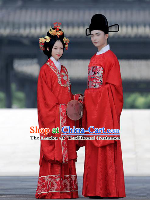 Asian Chinese Ming Dynasty Bride and Bridegroom Wedding Costume Complete Set, Traditional China Ancient Embroidered Red Clothing