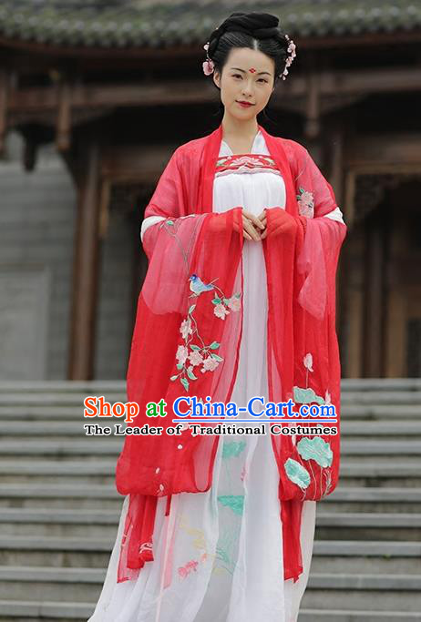 Asian Chinese Tang Dynasty Young Lady Costume Wide Sleeve Cardigan, Ancient China Princess Embroidered Red Cloak Clothing for Women