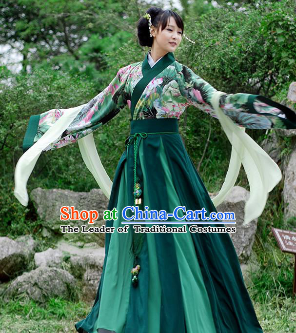 Asian Chinese Tang Dynasty Imperial Concubine Costume Slip Skirt, Ancient China Palace Lady Printing Green Clothing for Women