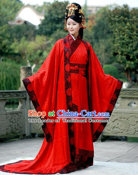 Asian Chinese Han Dynasty Imperial Concubine Wedding Costume, Ancient China Palace Lady Embroidered Red Clothing for Women