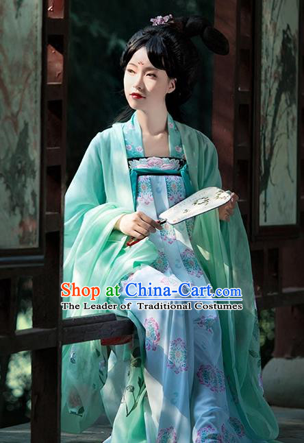 Asian Chinese Tang Dynasty Princess Embroidery Costume Green Cloak, Ancient China Palace Lady Embroidered Wide Sleeve Cardigan for Women