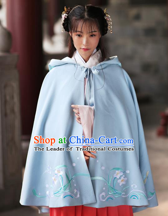 Asian Chinese Ming Dynasty Young Lady Blue Embroidered Cloak, Ancient China Princess Hanfu Short Mantle Clothing for Women