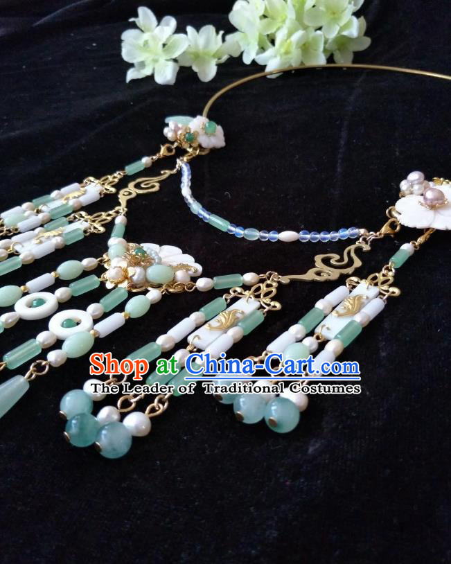 Traditional Handmade Chinese Accessories Shell Necklace, China Palace Lady Hanfu Green Beads Tassel Necklet for Women