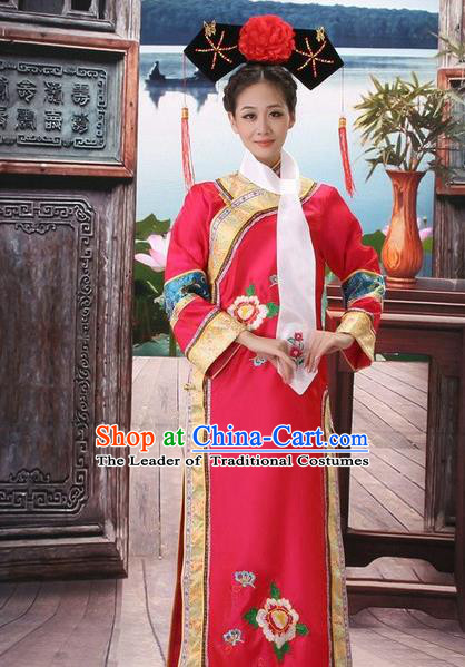 Traditional Ancient Chinese Manchu Palace Lady Red Costume, Asian Chinese Qing Dynasty Princess Embroidered Dress Clothing for Women