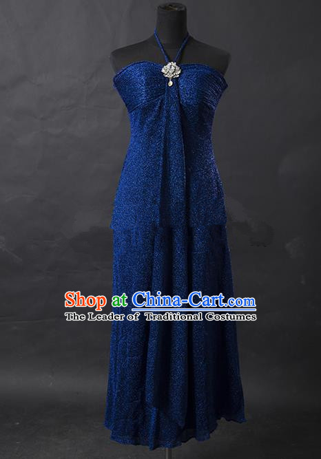 Traditional Chinese Modern Dancing Costume, Women Opening Classic Chorus Singing Group Peacock Blue Full Dress for Women