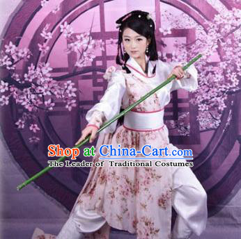 Asian China Ancient Song Dynasty Young Lady Costume, Traditional Chinese Hanfu Swordswoman Embroidered Dress Clothing for Women