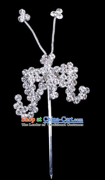 Traditional Beijing Opera Diva Hair Accessories Crystal Bat Hairpins, Ancient Chinese Peking Opera Hua Tan Hair Stick Headwear