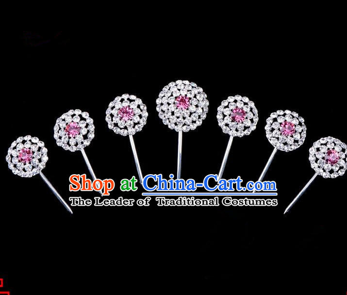 Traditional Beijing Opera Diva Hair Accessories Pink Crystal Head Ornaments Complete Set, Ancient Chinese Peking Opera Hua Tan Round Hairpins Hair Stick Headwear