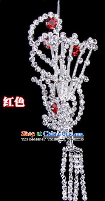 Traditional Beijing Opera Diva Hair Accessories Red Crystal Phoenix Head Ornaments, Ancient Chinese Peking Opera Hua Tan Tassel Hairpins Hair Stick Headwear