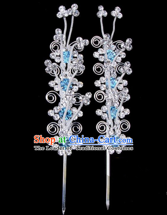 Traditional Beijing Opera Diva Hair Accessories Blue Crystal Head Ornaments, Ancient Chinese Peking Opera Hua Tan Hairpins Hair Stick Headwear