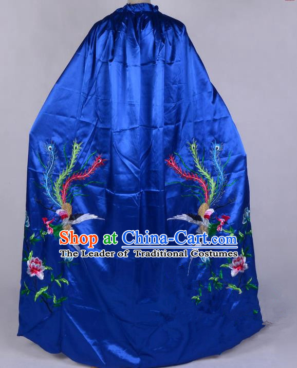 Top Grade Professional Beijing Opera Diva Costume Young Lady Embroidered Royalblue Cloak, Traditional Ancient Chinese Peking Opera Princess Embroidery Phoenix Mantle Clothing