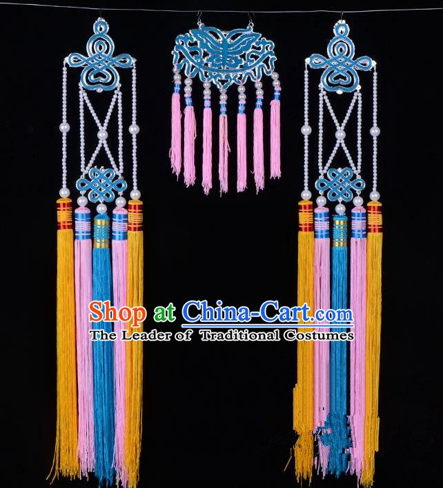 Traditional Beijing Opera Diva Hair Accessories Empress Head Ornaments Temples Curtain Hairpins, Ancient Chinese Peking Opera Hua Tan Pink Tassel Headwear