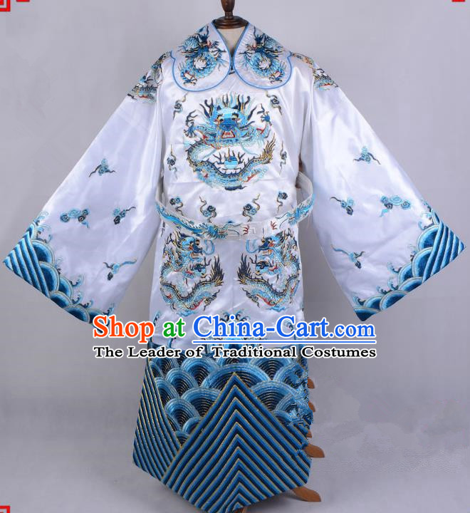 Top Grade Professional Beijing Opera Emperor Costume Royal Highness White Embroidered Robe and Belts, Traditional Ancient Chinese Peking Opera Embroidery Dragons Clothing