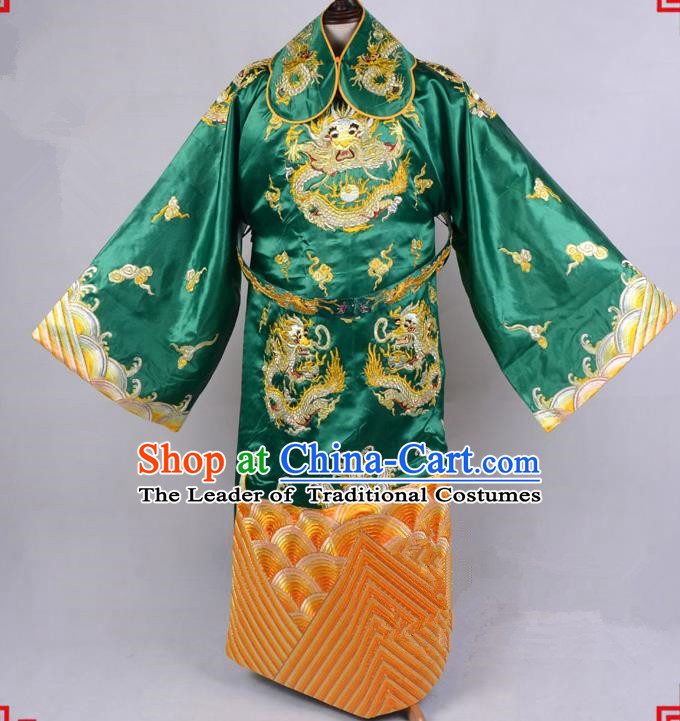 Top Grade Professional Beijing Opera Emperor Costume Royal Highness Green Embroidered Robe and Belts, Traditional Ancient Chinese Peking Opera Embroidery Dragons Clothing