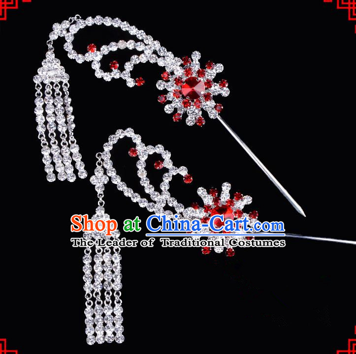 Traditional Beijing Opera Diva Hair Accessories Red Crystal Tassel Step Shake Hairpins, Ancient Chinese Peking Opera Hua Tan Hair Stick Headwear