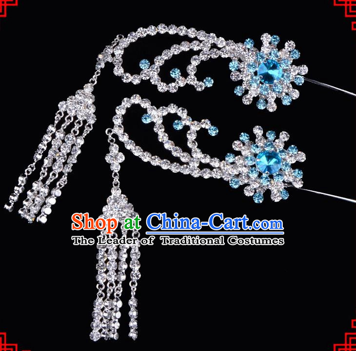 Traditional Beijing Opera Diva Hair Accessories Blue Crystal Tassel Step Shake Hairpins, Ancient Chinese Peking Opera Hua Tan Hair Stick Headwear