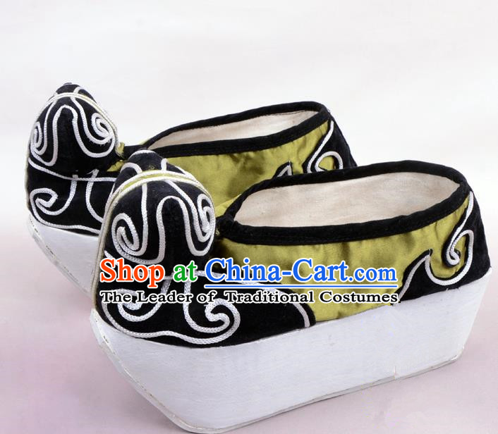 Traditional Beijing Opera Niche Green Shoes Young Men Fulfillment of Cloud, Ancient Chinese Peking Opera Scholar Satin Flange Shoes