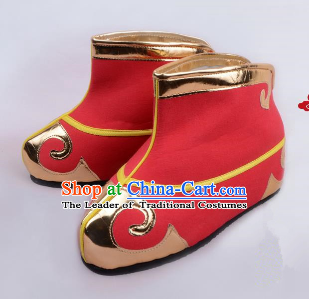 Traditional Beijing Opera Takefu Shoes Young Men Quick Boots, Ancient Chinese Peking Opera Wu-Sheng Red Shoes