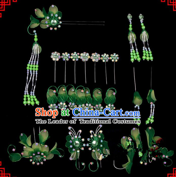 Traditional Beijing Opera Diva Hair Accessories Head Ornaments Complete Set Green Hairpins, Ancient Chinese Peking Opera Hua Tan Hair Stick Headwear