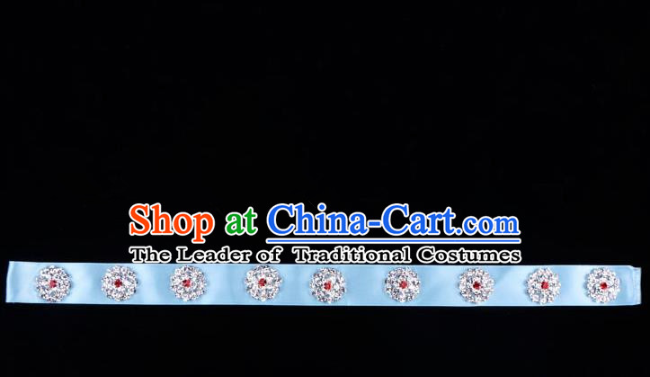 Traditional Beijing Opera Diva Hair Accessories Crystal Blue Headband, Ancient Chinese Peking Opera Hua Tan Hair Clasp Headwear