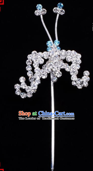 Traditional Beijing Opera Diva Hair Accessories Blue Crystal Bat Hairpins, Ancient Chinese Peking Opera Hua Tan Hair Stick Headwear