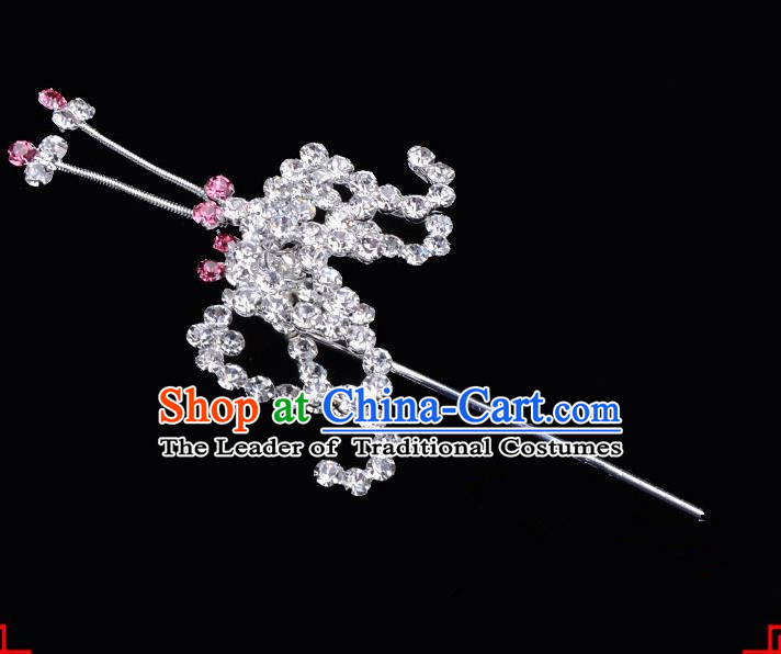 Traditional Beijing Opera Diva Hair Accessories Pink Crystal Bat Hairpins, Ancient Chinese Peking Opera Hua Tan Hair Stick Headwear