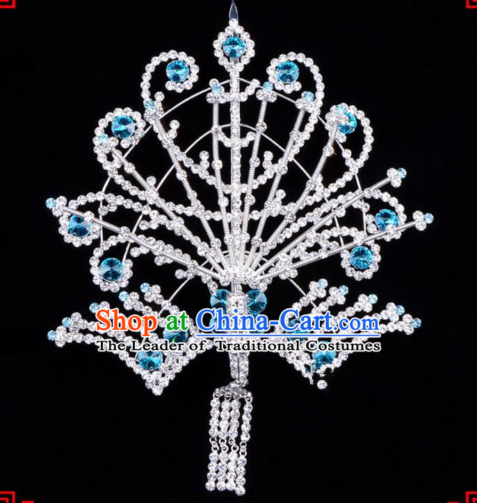 Traditional Beijing Opera Diva Hair Accessories Blue Crystal Hairpins Phoenix Step Shake, Ancient Chinese Peking Opera Hua Tan Hair Stick Headwear