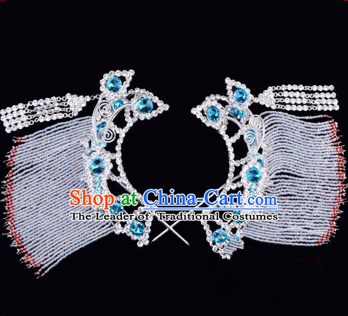 Traditional Beijing Opera Diva Hair Accessories Blue Crystal Hairpins Temples Curtain Step Shake, Ancient Chinese Peking Opera Hua Tan Hair Stick Headwear