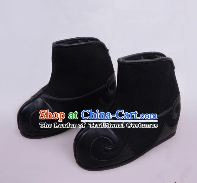 Traditional Beijing Opera Takefu Shoes Young Men Warrior Black Quick Boots, Ancient Chinese Peking Opera Wu-Sheng Shoes