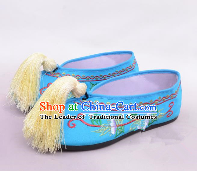 Traditional Beijing Opera Hua Tan Blue Embroidered Shoes Princess Shoes, Ancient Chinese Peking Opera Diva Blood Stained Shoes