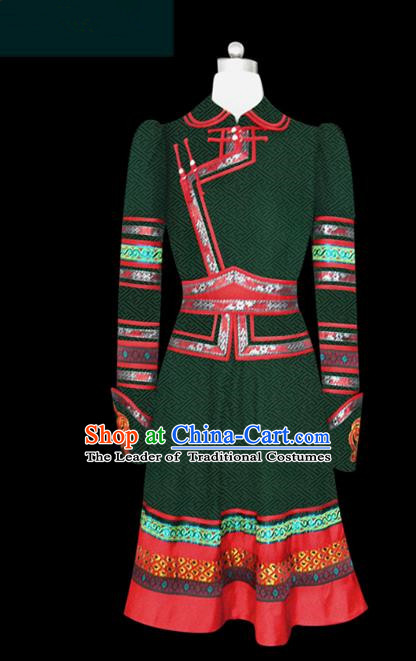 Traditional Chinese Mongol Nationality Costume Princess Green Dress Mongolian Robe, Chinese Mongolian Minority Nationality Embroidery Clothing for Women