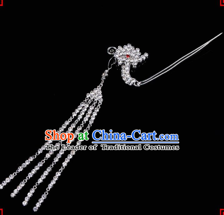 Traditional Beijing Opera Diva Hair Accessories Crystal Tassel Phoenix Step Shake Hairpins, Ancient Chinese Peking Opera Hua Tan Hair Stick Headwear