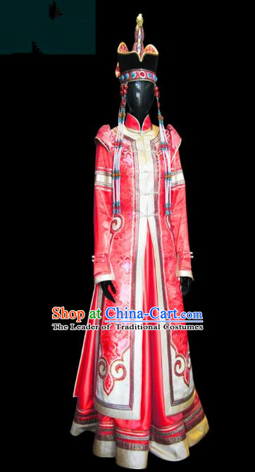 Traditional Chinese Mongol Nationality Wedding Costume Female Red Pleated Skirt, Chinese Mongolian Minority Nationality Princess Embroidery Costume for Women