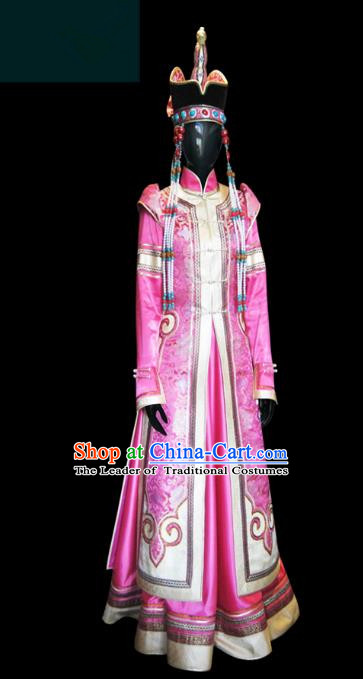 Traditional Chinese Mongol Nationality Wedding Costume Female Pink Pleated Skirt, Chinese Mongolian Minority Nationality Princess Embroidery Costume for Women