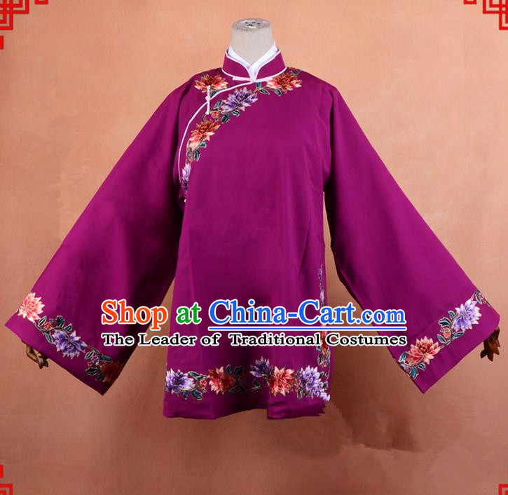 Top Grade Professional Beijing Old Women Costume Pantaloon Embroidered Purple Blouse, Traditional Ancient Chinese Peking Opera Matchmakers Embroidery Clothing