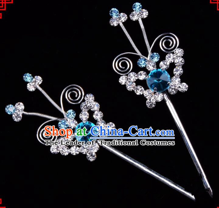 Traditional Beijing Opera Diva Hair Accessories Blue Crystal Butterfly Hairpins, Ancient Chinese Peking Opera Hua Tan Hair Stick Headwear