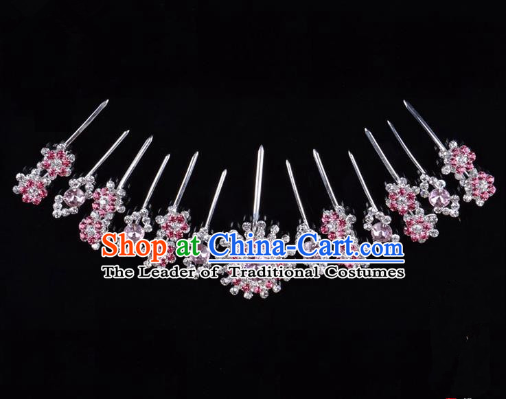 Traditional Beijing Opera Diva Hair Accessories Pink Crystal Hairpins Head Ornaments Complete Set, Ancient Chinese Peking Opera Hua Tan Hair Stick Headwear